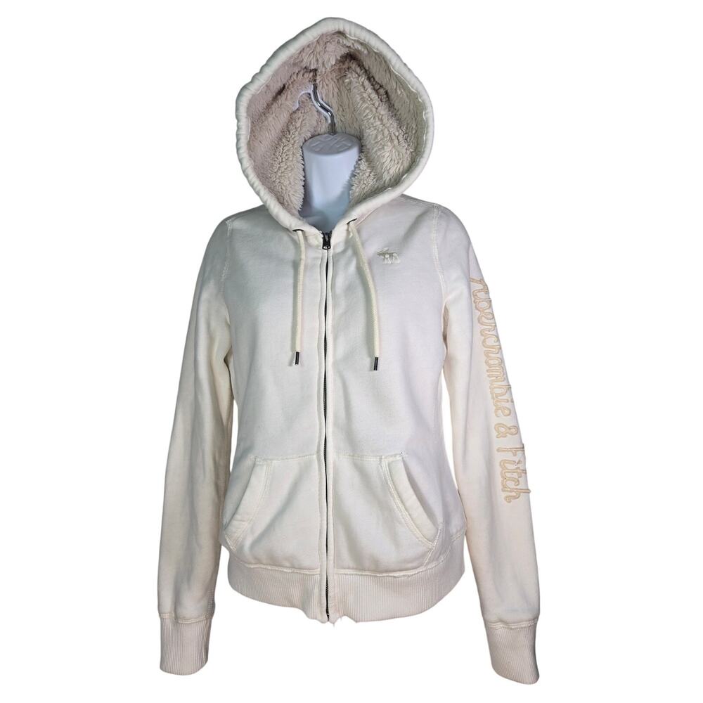 Y2K Abercrombie and Fitch Vintage Zip Fur Lined Hoodie RARE Sleeve Spellout Med